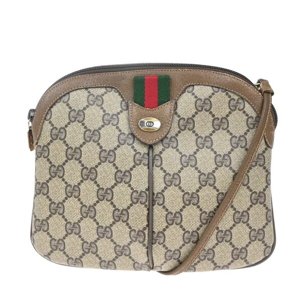 GUCCI Logo Sherry GG Pattern Shoulder Bag PVC Leather Brown Gold Italy - Picture 1 of 14